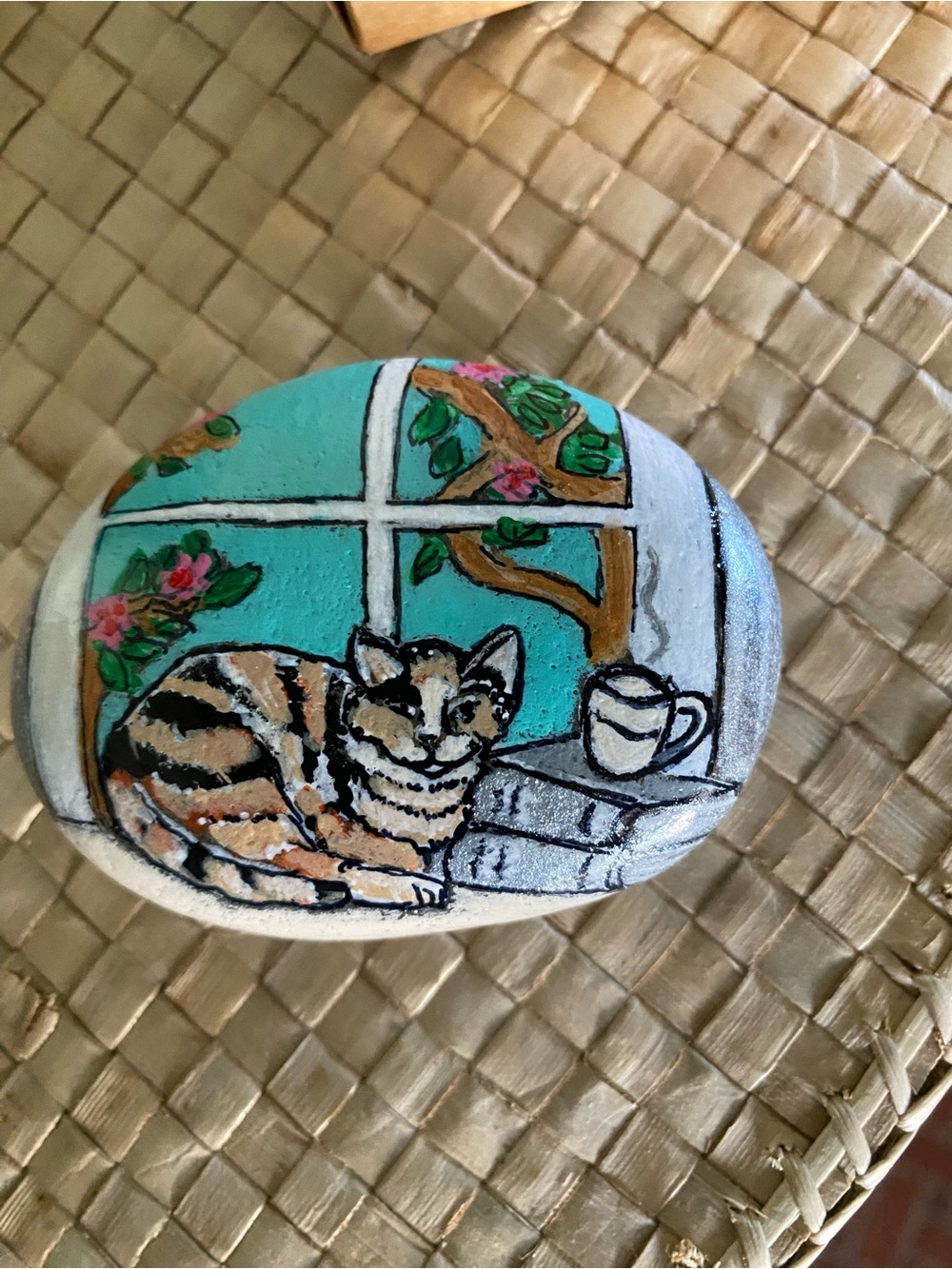 Rock Art Hand-Painted Cat Window Decorative Stone